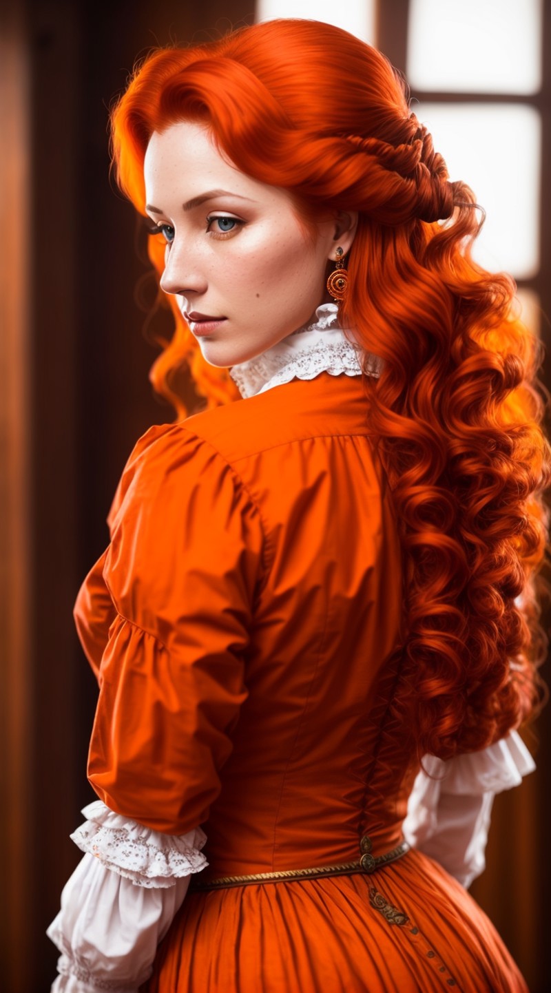 tiktok girl, (from_behind:1.3) (lying:1.2) redhead , wavy_hair , victorian era , orange (open shirt) , on ramparts , jewel...